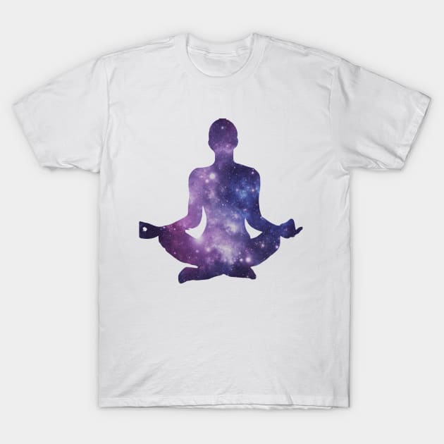 Meditation in Space Purple Lotus Pose T-Shirt by DesignsbyZazz